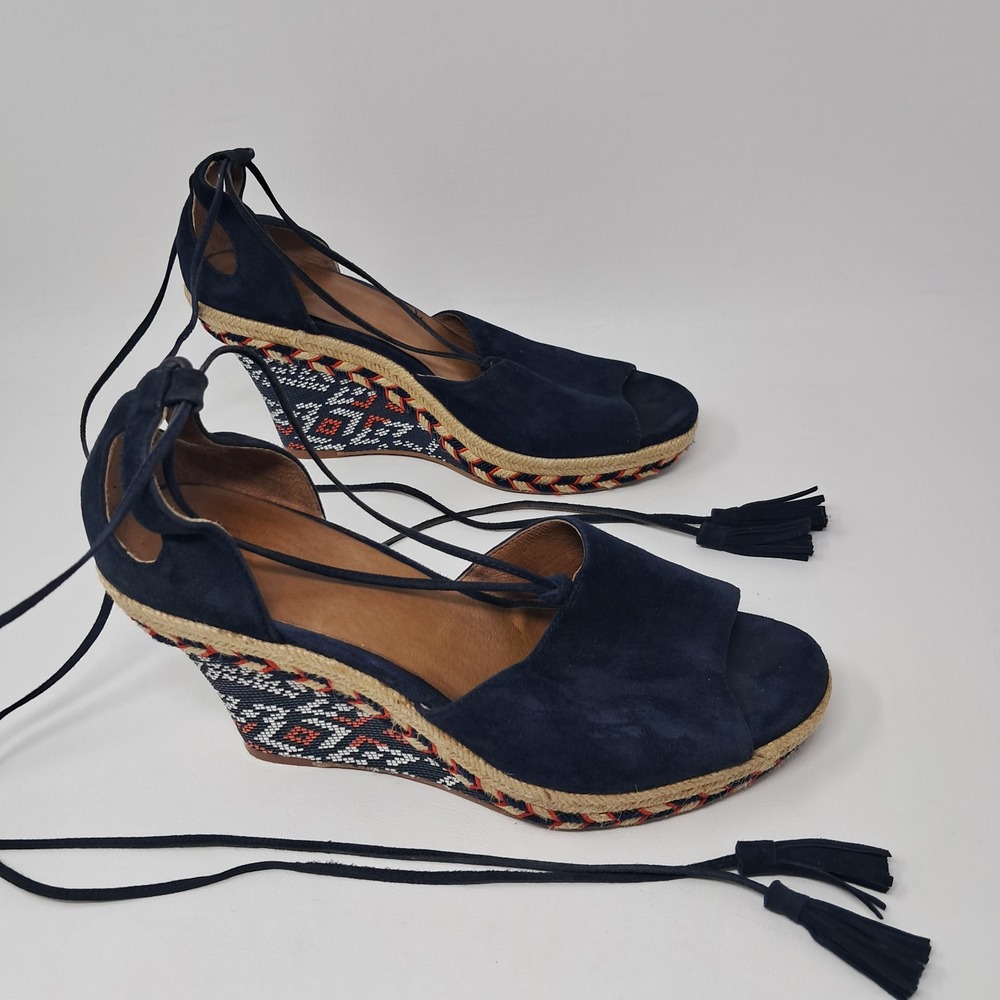Cabi Womens 8 Carnaby Navy Blue Suede Espadrille Wedge Sandals Lace Up Tassel